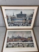 Two J S Lowry framed prints: 'VE Day Celebrations' and 'Northern River Scene', approx 62cm x 49cm