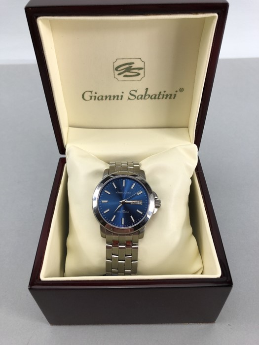 Gianni Sabatini large Blue faced watch with stainless strap and date aperture at 3 o'clock