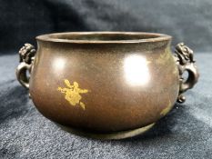 Bronze censer with twin dragon handles and gold splash design, approx 16cm x 7cm