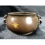 Bronze censer with twin dragon handles and gold splash design, approx 16cm x 7cm