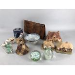 Collection of curios to include paperweights, Jasperware, snakeskin purse etc