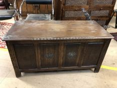 Dark wood coffer with carved detailing approx 112cm x 49cm x 55cm tall