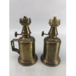 A pair of small French brass oil lamps, inscribed Lampe -Olympe (2)
