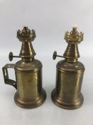 A pair of small French brass oil lamps, inscribed Lampe -Olympe (2)