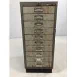 Vintage Bisley metal 10 drawer filing unit approx 67cm x 28cm x 41cm