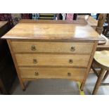 Small chest of three drawers with upstand, on castors, approx 92cm x 45cm x 80cm tall