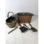 Collection of brass and copper metalware to include two-handled copper oblong bucket, brass coat