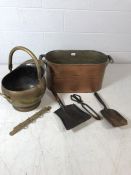Collection of brass and copper metalware to include two-handled copper oblong bucket, brass coat