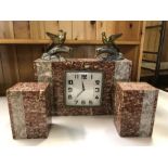 Art Deco square faced clock in red and grey marble with birds on branches and matching marble