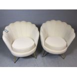 Pair of modern Art-Deco style white velvet scalloped back chairs with brass coloured legs, approx