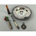 Collection Silver hallmarked Curios to include button hook, Silver tray, medallion etc...