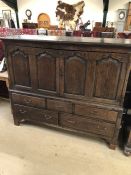 Large darkwood cupboard with five drawers under, approx 147cm x 54cm x 125cm tall (A/F)