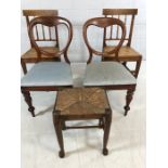 Pair of balloon backed chairs with upholstered seats, a pair of oak chairs with spindle backs and