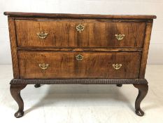 Antique low two drawer chest of drawers with inlaid design and brass handles approx 102cm x 57cm x