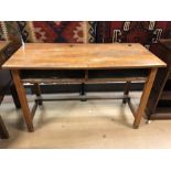 Vintage pine double school desk with compartments under, approx 122cm x 56cm x 76cm tall