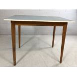Retro formica-topped kitchen table with tapered legs, approx 91cm x 60cm x 76cm tall