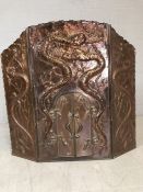 Three panelled embossed copper fire screen with both Chinese dragon detailing and arts and Crafts