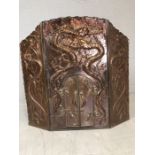 Three panelled embossed copper fire screen with both Chinese dragon detailing and arts and Crafts