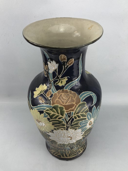 Large Chinese ceramic vase with floral design on dark blue background, approx 50cm in height (A/F) - Image 2 of 7