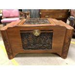 Camphor style chest with oriental design, approx 104cm x 52cm x 50cm tall