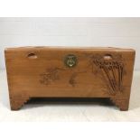 Camphor style chest with carved bamboo design approx 88cm x 44cm x 45cm tall