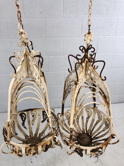 Pair of ornate Victorian wrought iron white painted plant hanging baskets, approx 65cm in length - Image 3 of 4