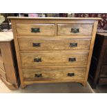 Oak chest of five drawers with metal handles, approx 108cm x 46cm x 103cm tall