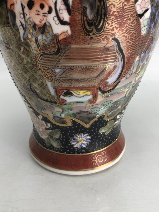 Pair of Chinese vases with red and blue colourway depicting Chinese figures, orange stamps to - Image 4 of 7
