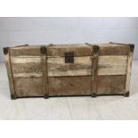 Vintage pine trunk with original metal fittings approx 94cm x 42cm x 40cm tall