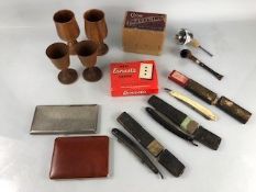 Collection of curios to include Polo cigarette case, cut throat razors etc