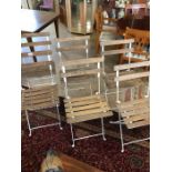 Set of six vintage folding garden chairs with slatted wooden seats and white metal frames