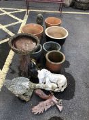 Collection of garden ornaments and pots to include a birdbath