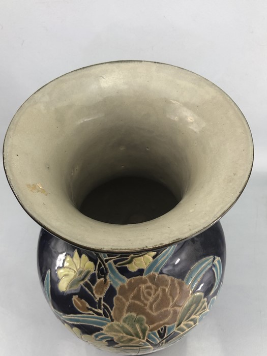 Large Chinese ceramic vase with floral design on dark blue background, approx 50cm in height (A/F) - Image 6 of 7