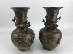 Pair of bronzed Chinese vases depicting fish and five toed dragons (A/F)