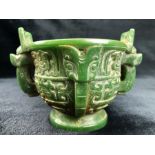 Chinese twin handled carved cup, jade in colour, approx 15cm x 11cm