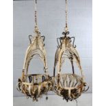 Pair of ornate Victorian wrought iron white painted plant hanging baskets, approx 65cm in length