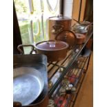 Collection of copper pans of varying sizes, approx 12 items