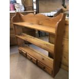 Pine hanging shelving unit with three shelves and three drawers approx 90cm x 90cm x 16.5cm