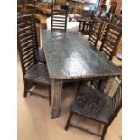 Contemporary dining table with two drawers and six high ladder-backed dining chairs. Table approx