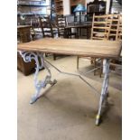 Pub or refectory style table with cast iron white painted base and wooden table top, approx 108cm