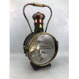Large Brass and copper Railway lamp marked HENKINBRANT & LECHAT BREVETES A LIEGE. With additional