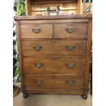 Antique chest of five drawers on bun feet with original handles approx 96cm x 46cm x 112cm tall