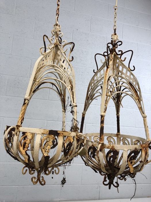 Pair of ornate Victorian wrought iron white painted plant hanging baskets, approx 65cm in length - Image 2 of 4