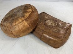 Two vintage brown leather Moroccan pouffes