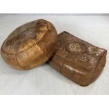 Two vintage brown leather Moroccan pouffes