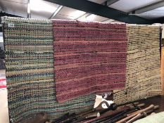 Yellow ground, pink ground and green ground rugs x three of chunky woven design each approx. 150cm x