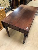 Drop leaf table on original castors with drawer, approx 105cm x 113cm x 72cm tall (when extended)
