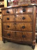 Bow fronted chest of five drawers with ebonised handles on turned feet approx 116cm x 55cm x 123cm