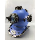 Modern ornamental life size US Navy divers helmet, in pale blue and gunmetal finish, with glass