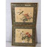 Pair of Japanese silk prints depicting birds on blossom branches, approx 42cm x 37cm